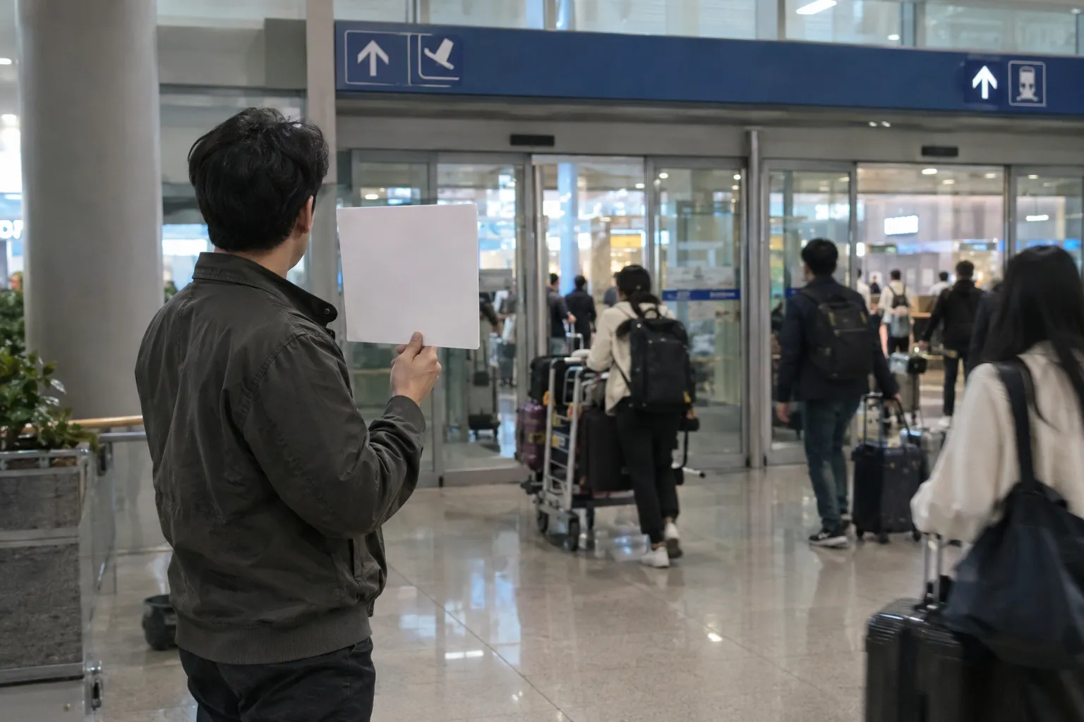 A man at an airport arrivals hall holding up a blank sign while travelers pull luggage past him (illustrative image)