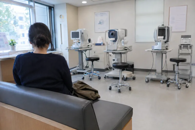 待合ベンチに座る女性が、部屋の向こうに並ぶ眼科検査機器の列を前にして背を向けている様子(イメージ画像)