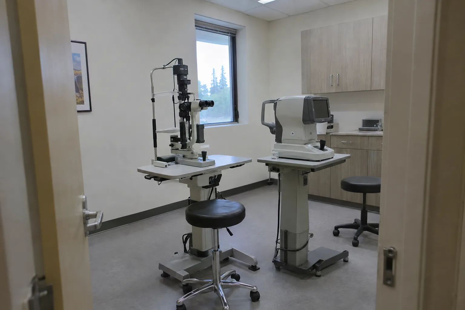 An empty eye exam room with a slit lamp and an autorefractor positioned near the window (illustrative image)
