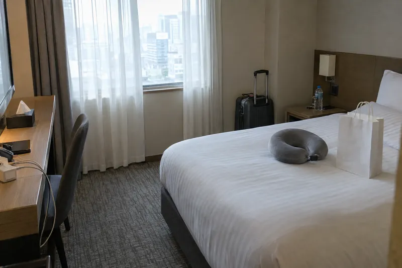 Kamar hotel dengan koper dan bantal leher di atas tempat tidur, pemandangan kota terlihat dari jendela, disiapkan untuk masa pemulihan (gambar ilustrasi)