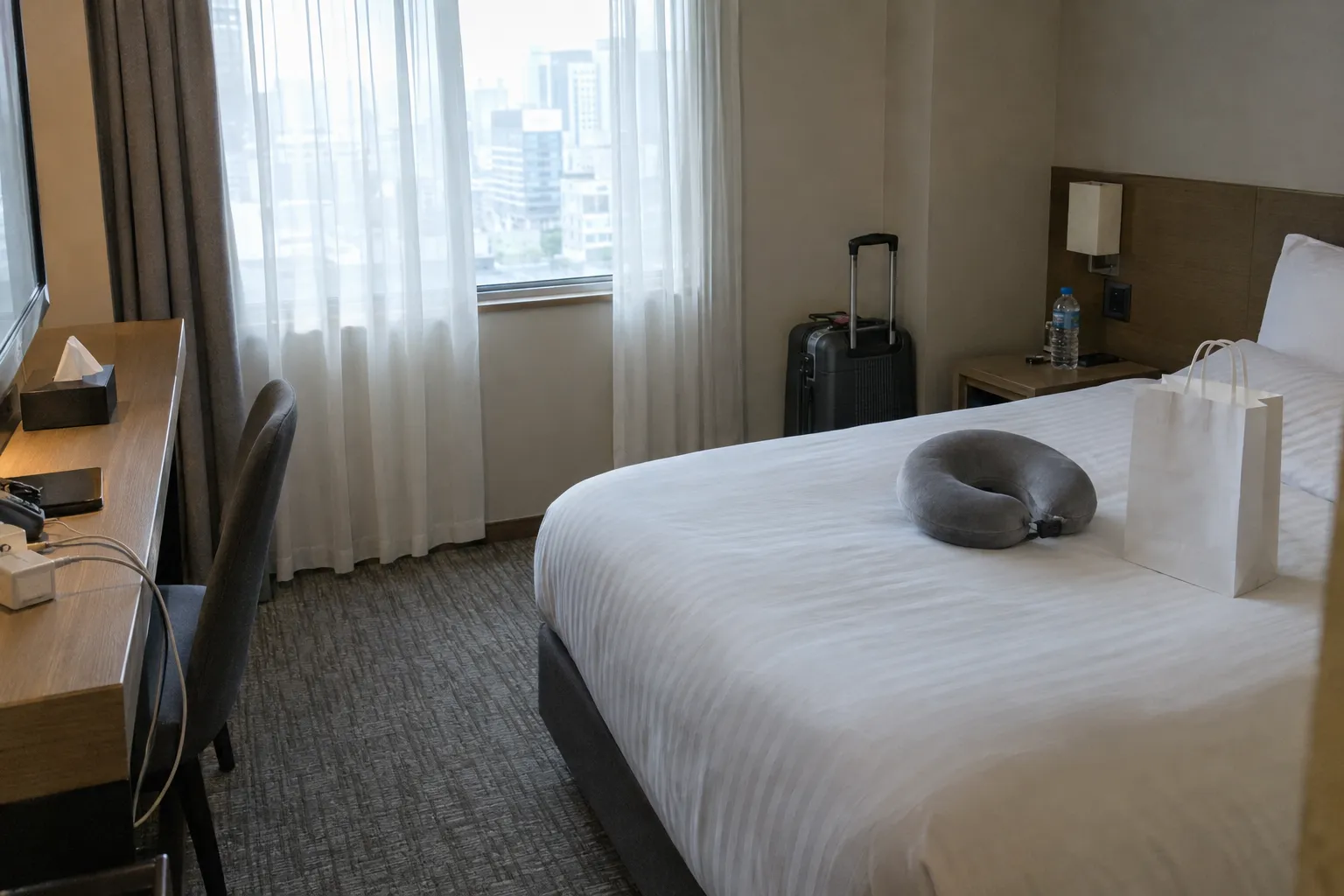 A hotel room with a suitcase and a neck pillow resting on the bed, a city view through the window, set up for a recovery stay (illustrative image)