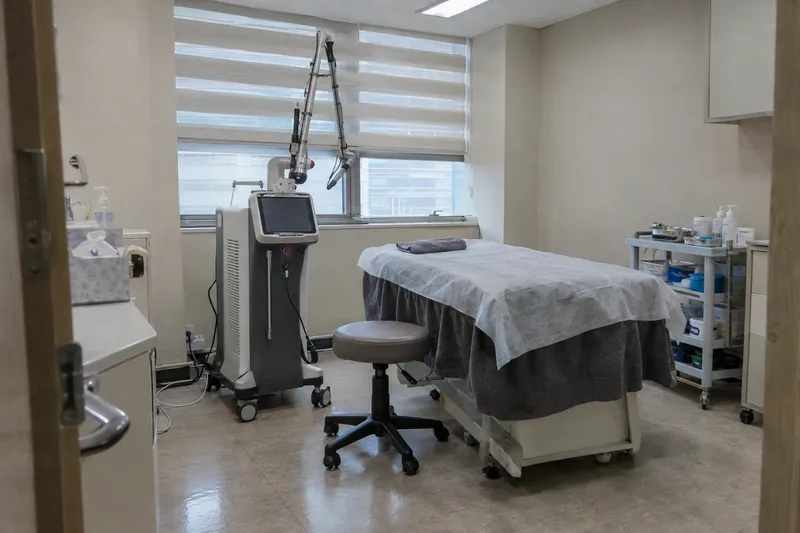 An empty skin treatment room with a laser device beside a towel-covered treatment bed and a cart of skincare products (illustrative image)