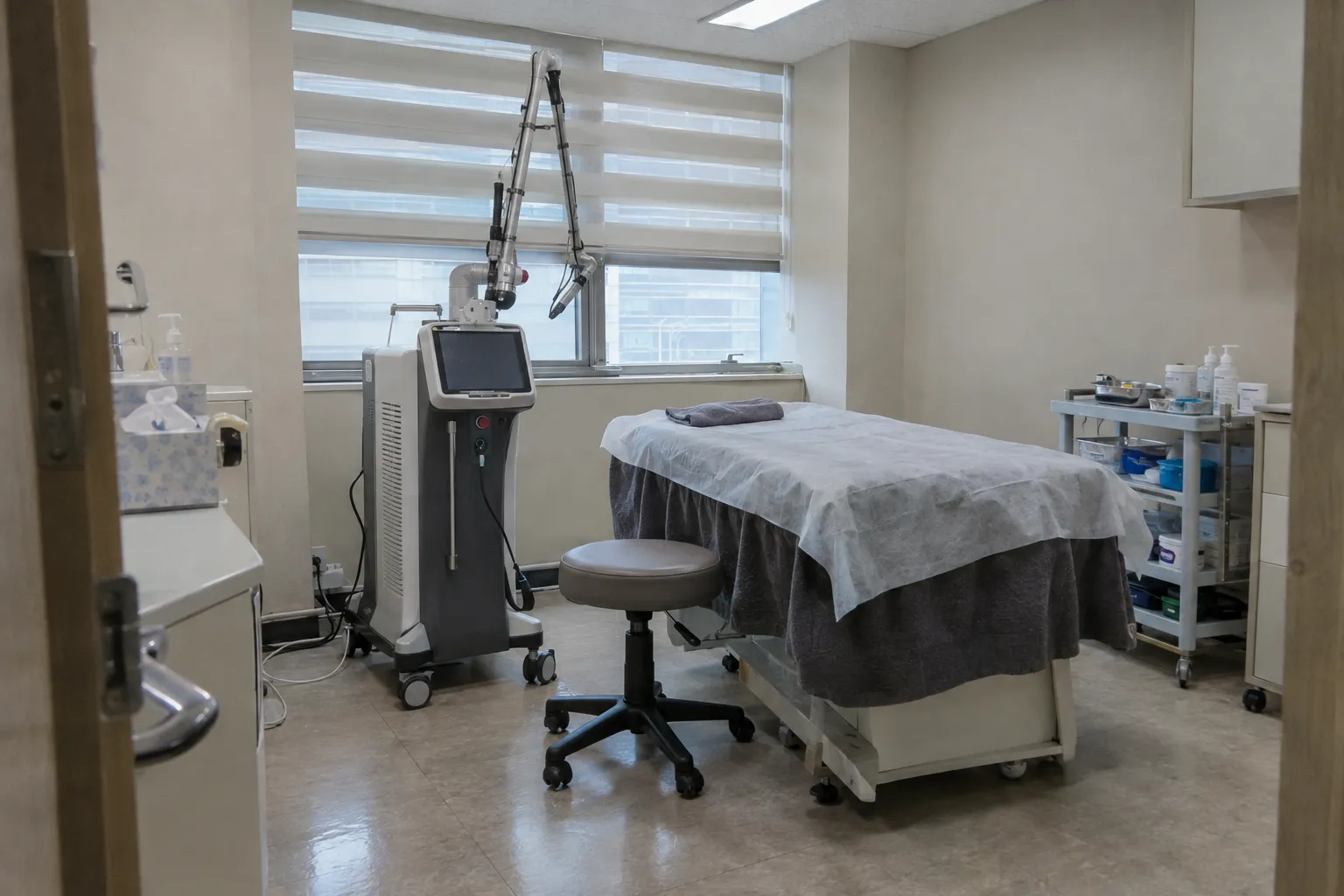 A skin clinic treatment room prepared for an injectable treatment (illustrative)