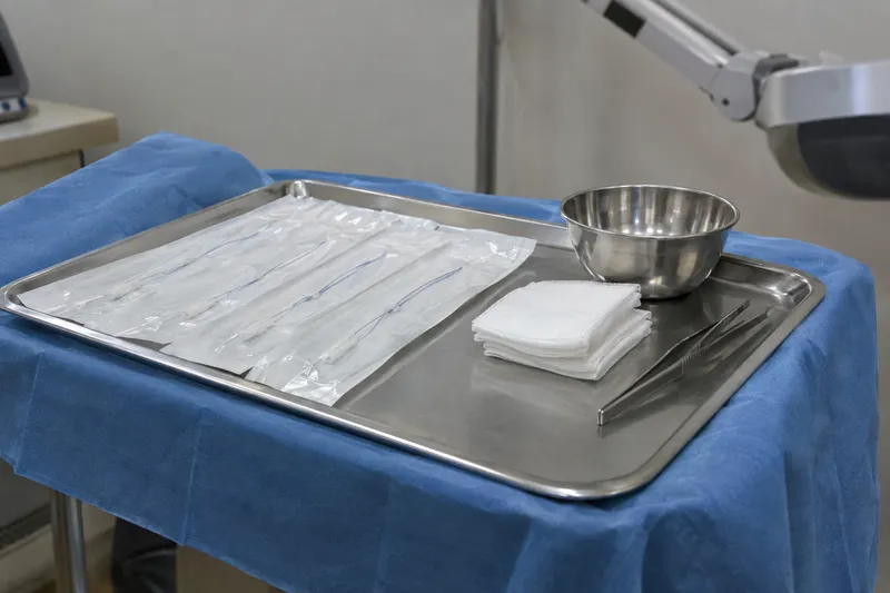 A sterile tray of thread lift needles in packaging, gauze, and a metal bowl, set beside treatment equipment (illustrative image)